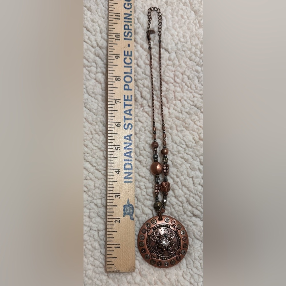 Vintage You & I Bronze or Copper Medallion Pendant Necklace Beaded Chain boho